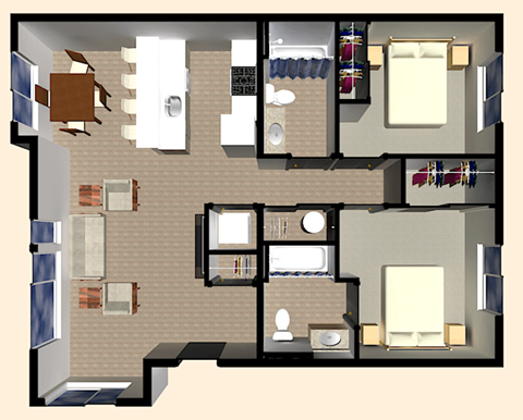 Floor plan for 2 beds, 2 baths, 868 sqft